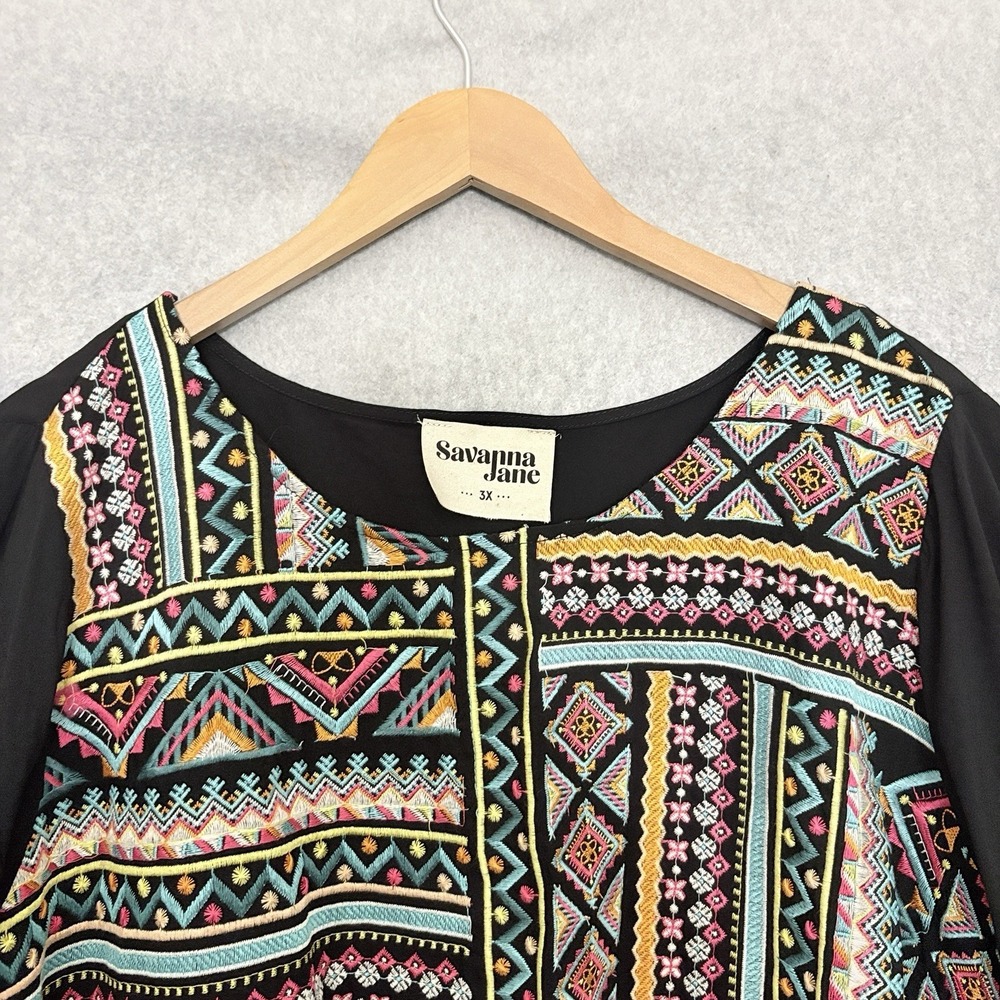 Savanna Jane Womens Embroidered Aztec Boho Top Size‎ 3X Black Artsy Tiered - Picture 3 of 8